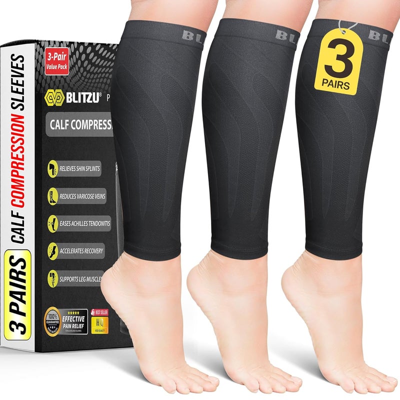 BLITZU 3 Pairs Calf Compression Sleeves for Men and Women. Footless Compression Socks & Leg Support for Running, Travel, Nursing, Fitness. Shin Splints Pain Relief & Reduce Swelling Black XXL - Image 1